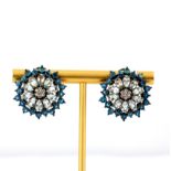 A pair of 925 silver cluster stud earrings set with marquise cut aquamarine, apatites and white