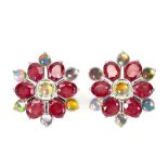 A pair of 925 silver flower shaped earrings set with opals and rubies, Dia. 1.2cm.