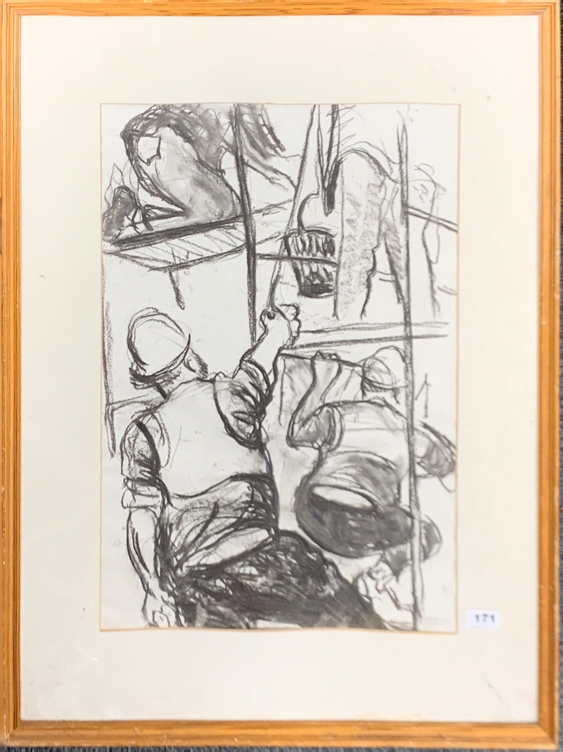 A large framed pastel of builders at work, pencil signed Joan, size 62 x 82cm. - Image 2 of 2