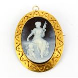 A large antique 9ct yellow gold mounted and hardstone cameo brooch, L. 4.7cm, tallest point H. 2cm.