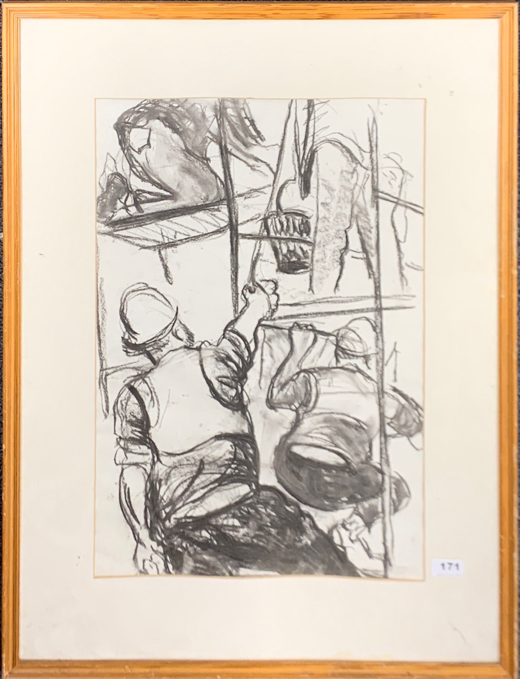 A large framed pastel of builders at work, pencil signed Joan, size 62 x 82cm.