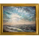 A large gilt framed oil on canvas Sunset by Mark Vincent, size 90 x 74cm.