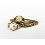 A ladies 9ct gold wristwatch on a rolled gold bracelet together with a gold plated wristwatch on a 9