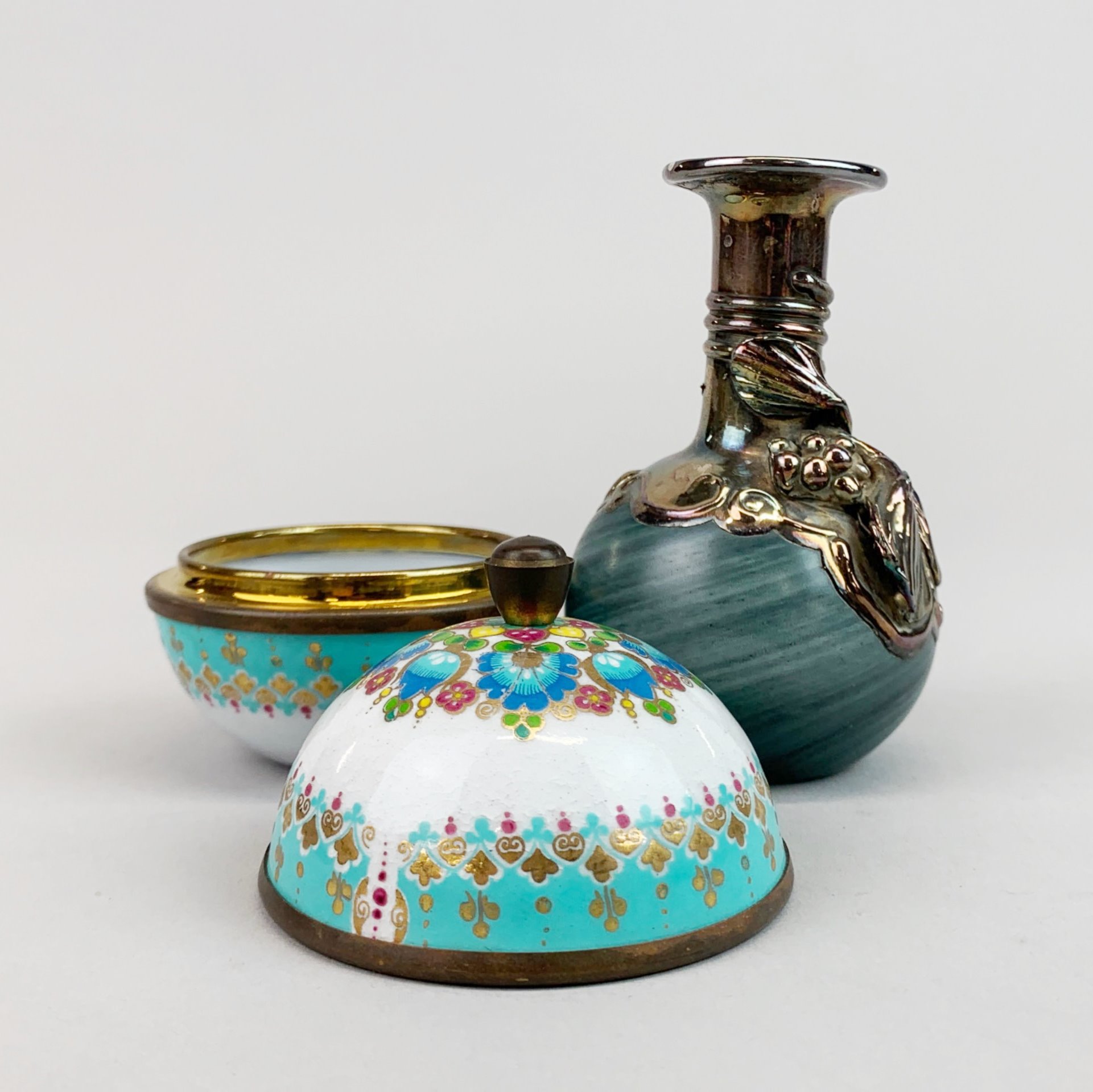 A silver overlaid glass vase, H. 9cm, together with an Austrian enamelled copper box and lid, H. 6. - Image 2 of 3