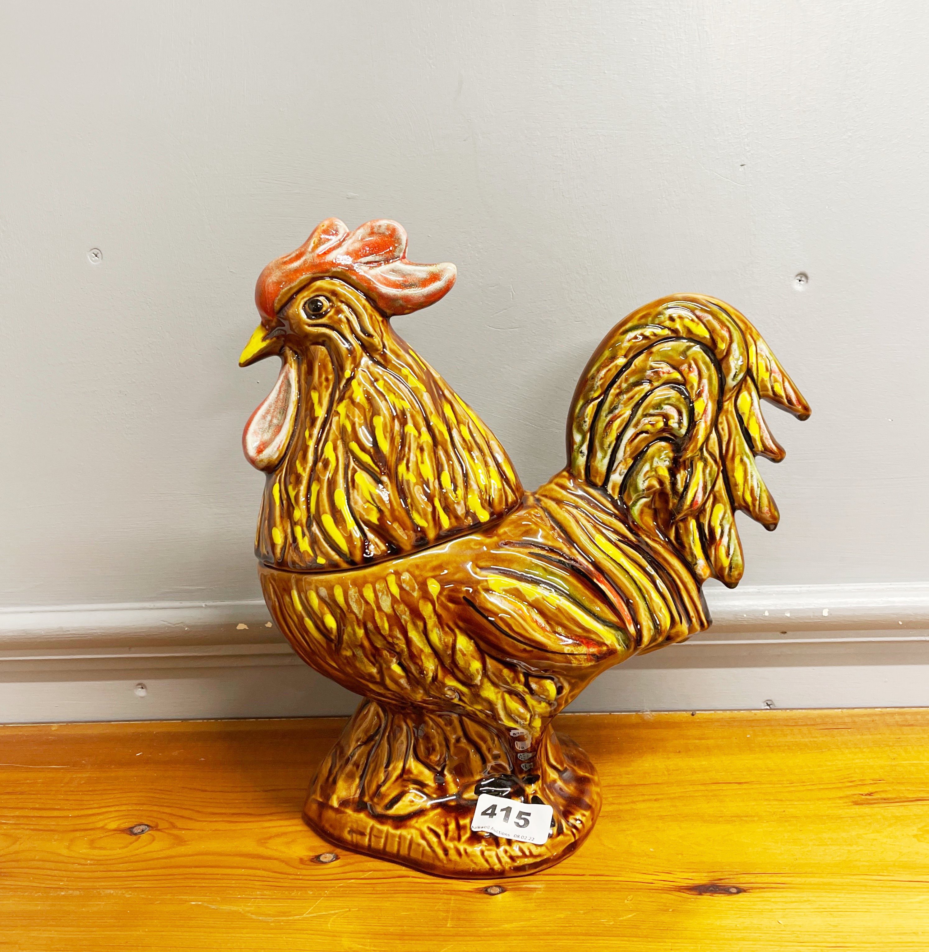 A mid 20th C Chinese ceramic cockerel kitchen container, H. 32cm.
