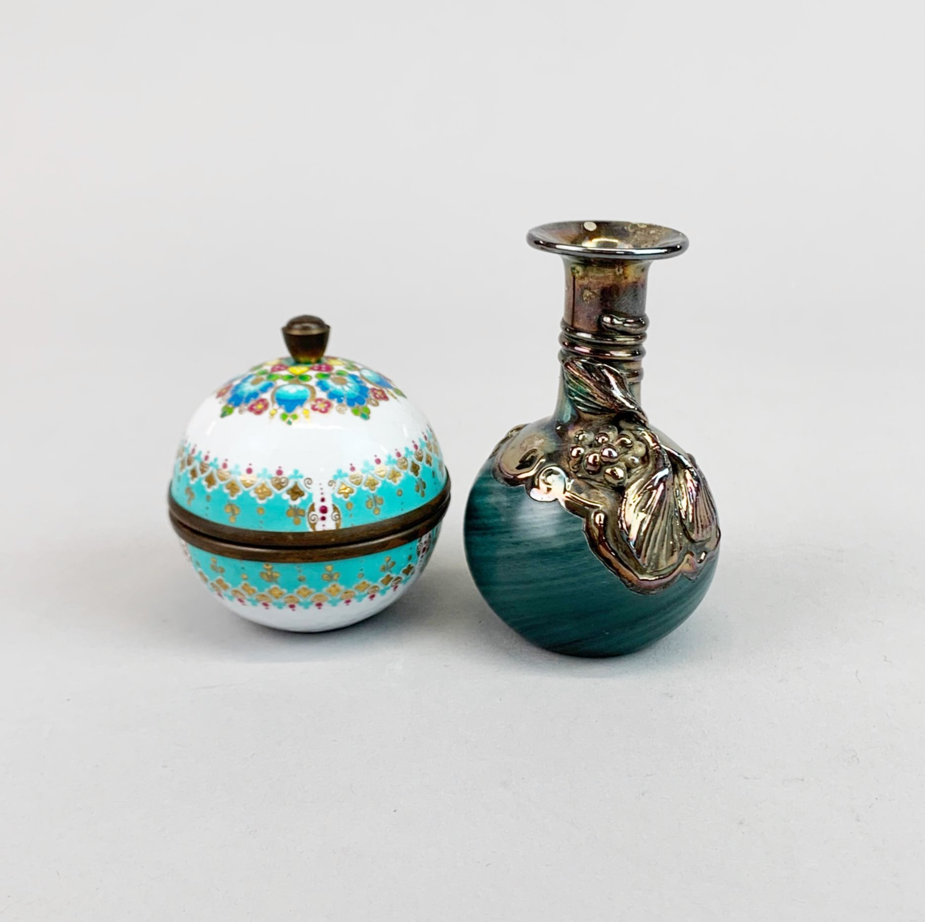 A silver overlaid glass vase, H. 9cm, together with an Austrian enamelled copper box and lid, H. 6. - Image 3 of 3