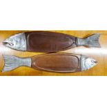 A pair of large metal and wood salmon platters, L. 90cm.