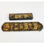 A 19th C Japanese papier mache pen box, L. 20cm, together with a wall mounted letter rack.