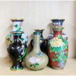 A group of six cloisonne vases, tallest H. 26.5cm.