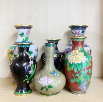 A group of six cloisonne vases, tallest H. 26.5cm.