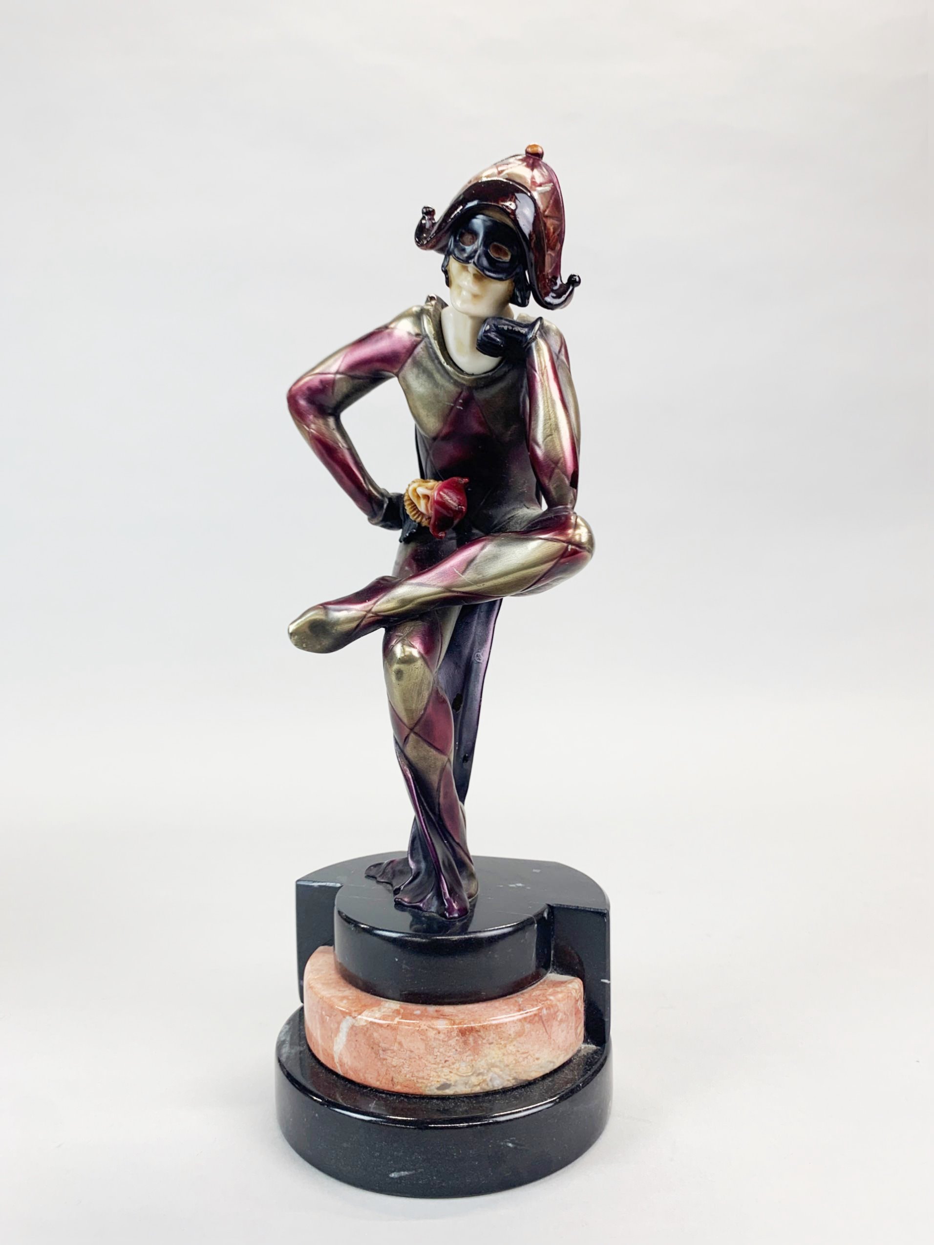 Two resin harleyquin figures on marble bases together with a bronze nude figure on a glass base, - Image 3 of 5