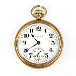 A gent's Hamilton gold plated pocket watch, dia. 5cm. Appears to be in working order.