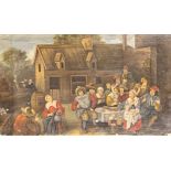 An unframed 19th C naiive Dutch oil on canvas of a tavern scene, size 50 x 30cm.