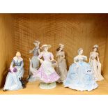 A group of six Royal Worcester, Coalport, Doulton and Lladro figurines.