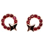 A pair of gold on 925 silver circle earrings set with rubies, Dia. 1.4cm.