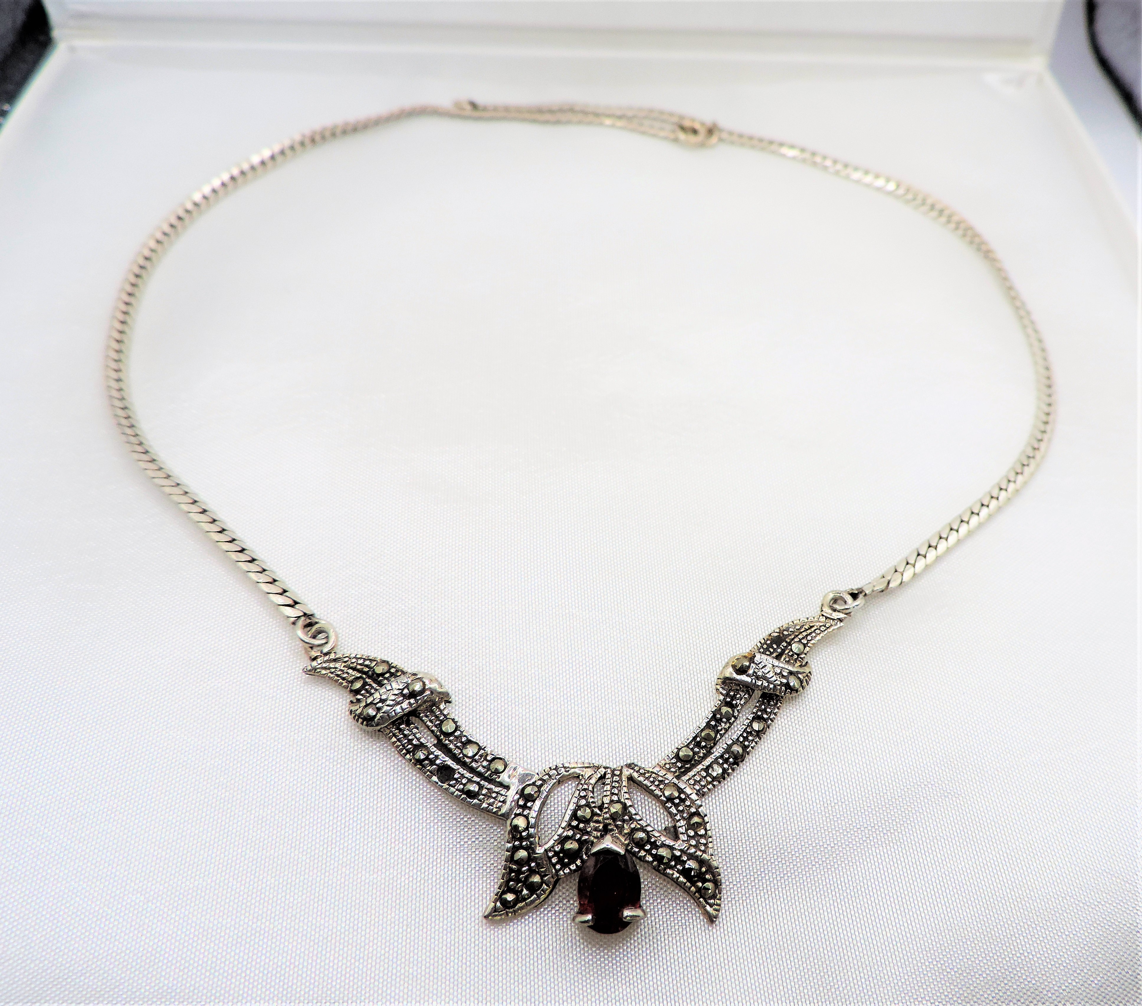 Vintage Marcasite & Garnet Necklace. A lovely necklace 16 inches long set with Marcasites and a