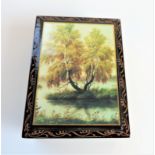 Vintage Russian Hand Painted Laquer Box signed by Artist. A beautiful hand painted landscape tree