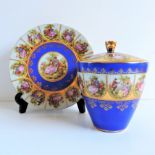 Vintage JKW Carlsbad Fragonard Hand Painted and Gilded Lidded Urn and Plate. A beautiful cobalt blue