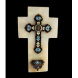 19th Century French Brass & Champleve Cross with Holy Water Font on Marble. This colorful marble and