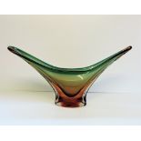 Murano Sommerso Glass Bowl 43cm Long. A beautiful green & amber Murano Sommerso glass bowl 43cm long