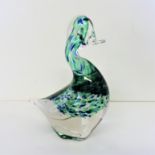 Signed Wedgwood Speckled Glass Duck c. 1970's. A lovely speckled clear blue & green glass