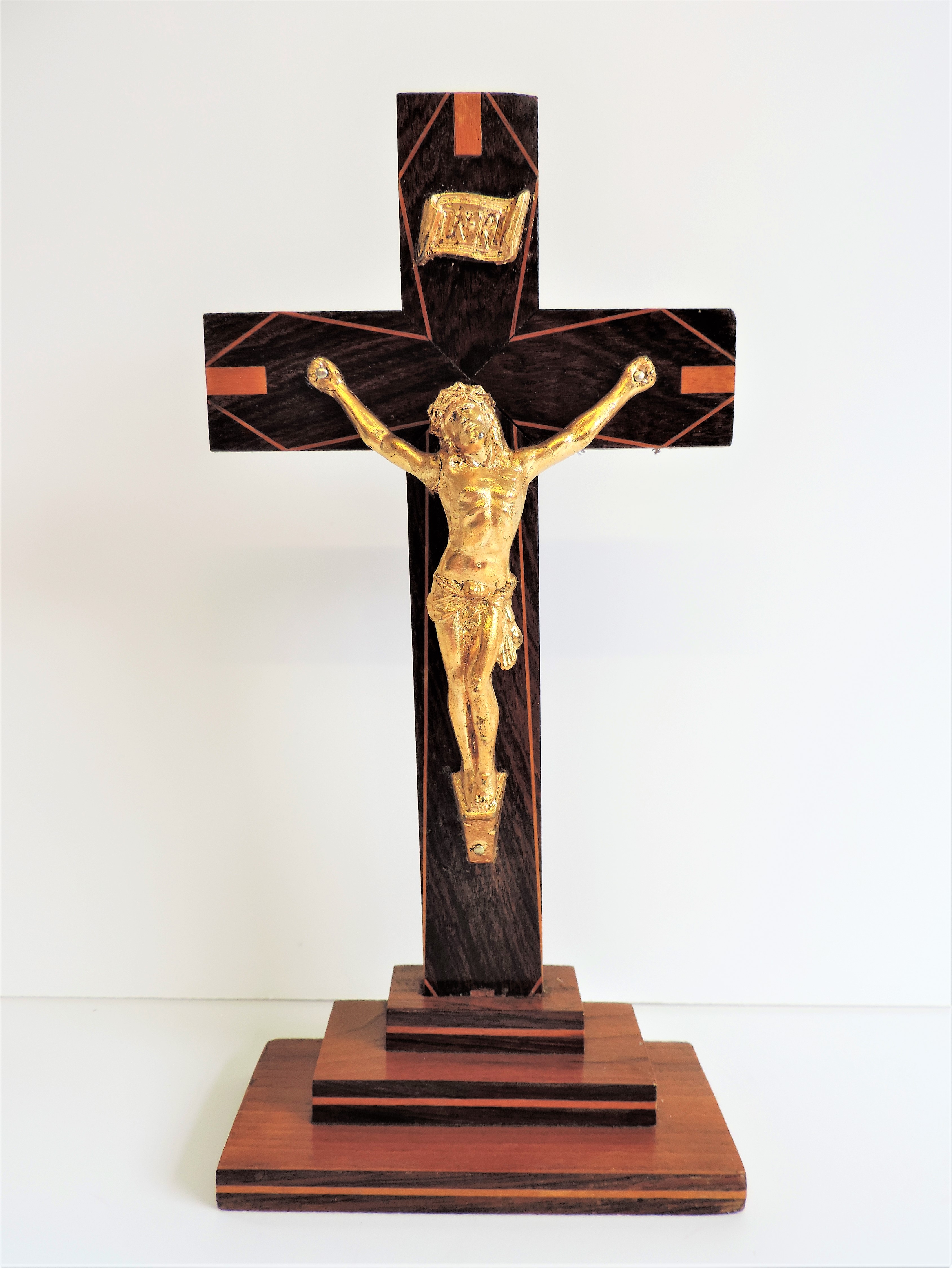 Antique French Wood & Gilt Crucifix. A fine quality inlaid wood cross with gilt Corpus Christi.