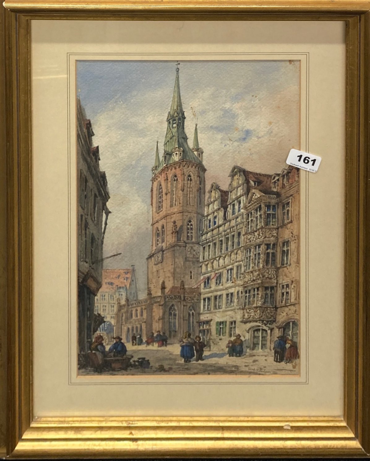 A gilt framed 19th century watercolour of a Continental scene in Antwerp signed Sam L. J. Hodson (