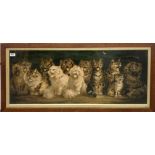Louis Wain: A large original oak framed print of cats, frame size 52 x 112cm. Print A/F.