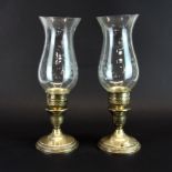 A pair of sterling silver and etched glass candle holder lamps, H. 26cm. Slight denting to one