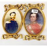 A pair of reproduction gilt framed miniatures of gentlemen, H. 24cm.