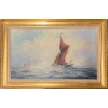 Colin Moore: A gilt framed oil on canvas of Thames barge alongside a light ship 'A Fresh Breeze