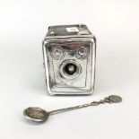 An interesting silvered box camera shaped box, 13 x 11 x 9cm. Together with a Chinese white metal