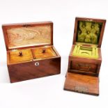 A 19th century silk lined walnut watch and jewellery case, 12 x 12 x 12cm. Together with a 19th