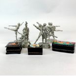 Three small Russian hand painted papier mache boxes with four English pewter of dancers and a