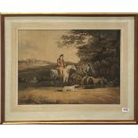 An 18th century framed, coloured engraving of an estate scene with a stately home in the background,