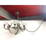 A superb large bronze chandelier light fitting with frosted and cut glass shades, Dia. 96cm, H. 87cm