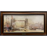 A framed textured print of the opening of Tower Bridge after William L Wyllie, frame size 73 x