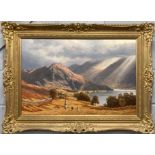 P. Coulthard: A large gilt framed oil on canvas of a Highland scene, frame size 95 x 70cm.