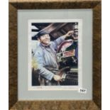 A framed limited edition print of Fred Dibnah signed by Dibnah, frame size 44 x 53cm.