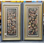 A pair of framed Chinese hand embroidered panels of children in a park scenes, frame size 44 x78cm.