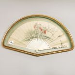 A gilt wood cased hand painted and gilded Japanese 19th century fan, frame size 63 x 28cm.