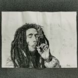 An unframed pastel sketch of Bob Marley with indistinct signature, 75 x 55cm.