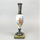 A 19th century brass and champleve enamelled porcelain vase, H. 25cm. Porcelain A/F.