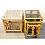 A bamboo nest of three tables with plate glass tops (smallest table missing glass) together with a