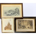 An oak framed pencil sketch of a lakeside Abbey, together with a Victorian framed print and a