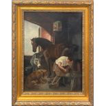 A 19th century gilt framed oil on canvas of a farrier, frame size 45 x 55cm.