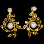 A gold on 925 silver earrings set with pearls and marquise cut citrines, L. 2.8cm.