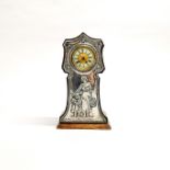 A hallmarked silver faced, mahogany mantel clock. Understood to be in working order, H. 23cm.