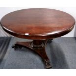 A William IV circular mahogany tilt top dining table, Dia. 121cm.
