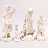 A group of four 19th century Parian ware figures, tallest H. 30cm (wolf leg repaired).